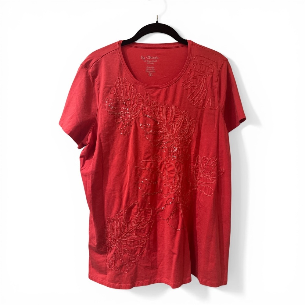 Embroidered Sequin Floral Tee Stretch Knit Red Top Womens Chico's 2
